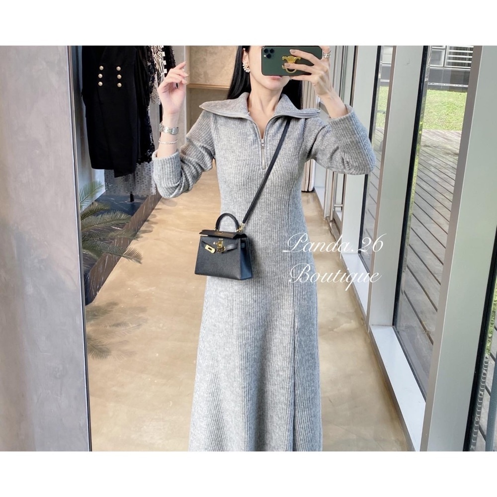 SALE! ๐ฐ๐ท Korean Designer Grey Cotton Zip Long Sleeves Dress - Picture 2 of 3